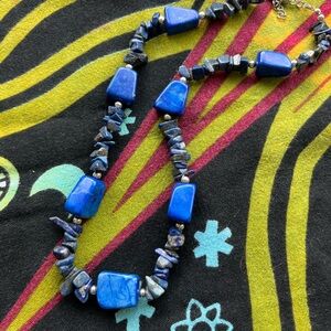 VTG Boho Lapis Lazuli Beaded Silver Tone Metal Costume Jewelry Necklace